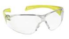 POLYCARBONATE FRAME LESS SPECTACLE WITH CURVED EDGES HARD COATED LENS FOR ANTISCRATCH, CLEAR HARD COATED WITH YELLOW TEMPLES
