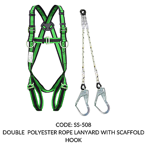FULL BODY HARNESS FOR LADDER/ TOWER CLIMBING CLASS L WITH D RING AT CHEST LEVEL WITH 1.8M DOUBLE POLYESTER ROPE LANYARD WITH SCAFFOLD HOOK