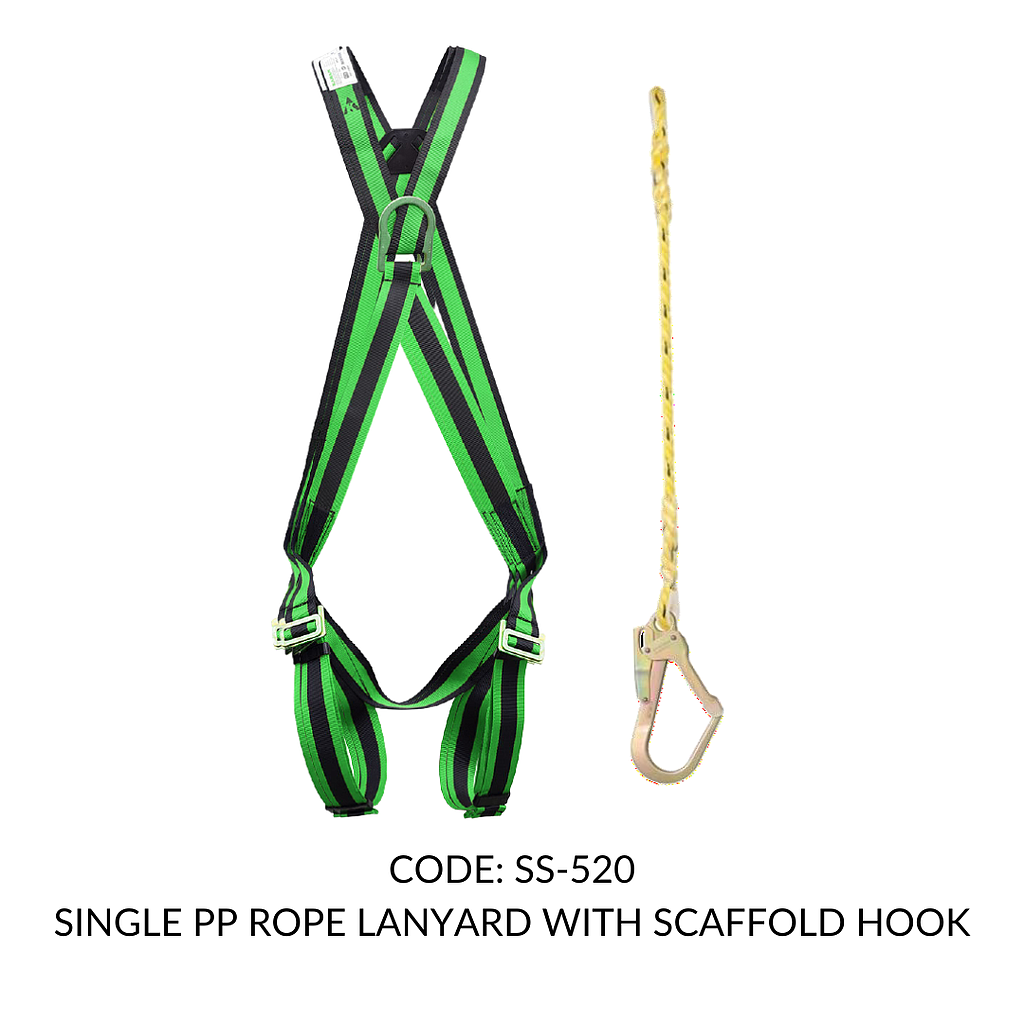 FULL BODY HARNESS FOR WITH STERNAL D RING FOR CONTROLLED DESCENT FROM HEIGHT CLASS D WITH STERNAL D RING AT FRONT WITH 1.8M SINGLE PP ROPE LANYARD WITH SCAFFOLD HOOK